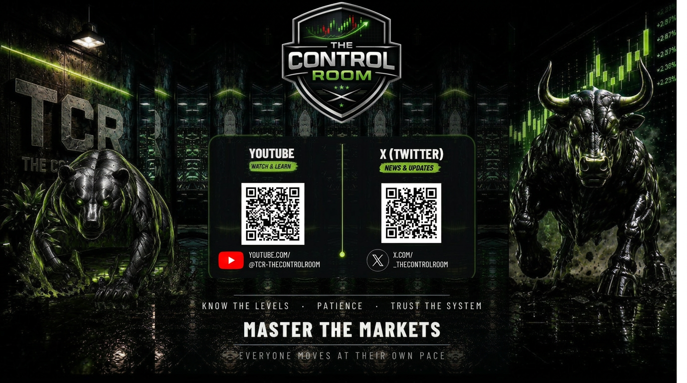 The Control Room — neon bear and bull with YouTube and X QR codes over a trading floor